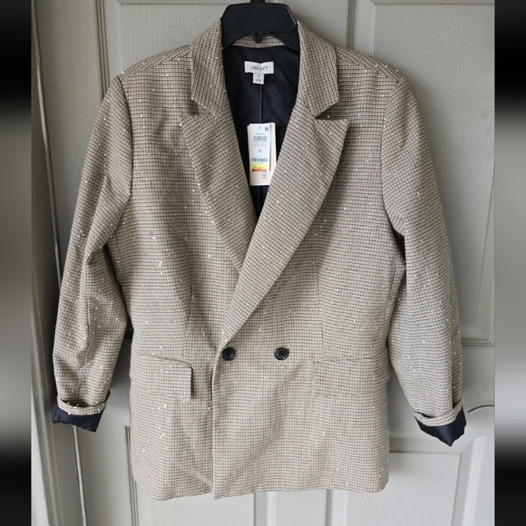 $99 On-34th New Sequin Plaid Blazer Jacket 14 Women Beige Twill Elegant Glitter - Picture 3 of 12